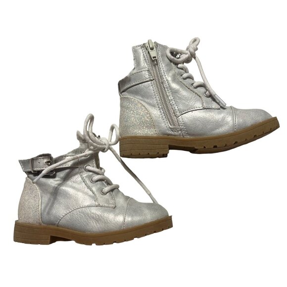 Sugar Gelato Boots Girls Size 8 M Silver Metallic Glitter White Faux Fur Lace-up - Picture 2 of 10